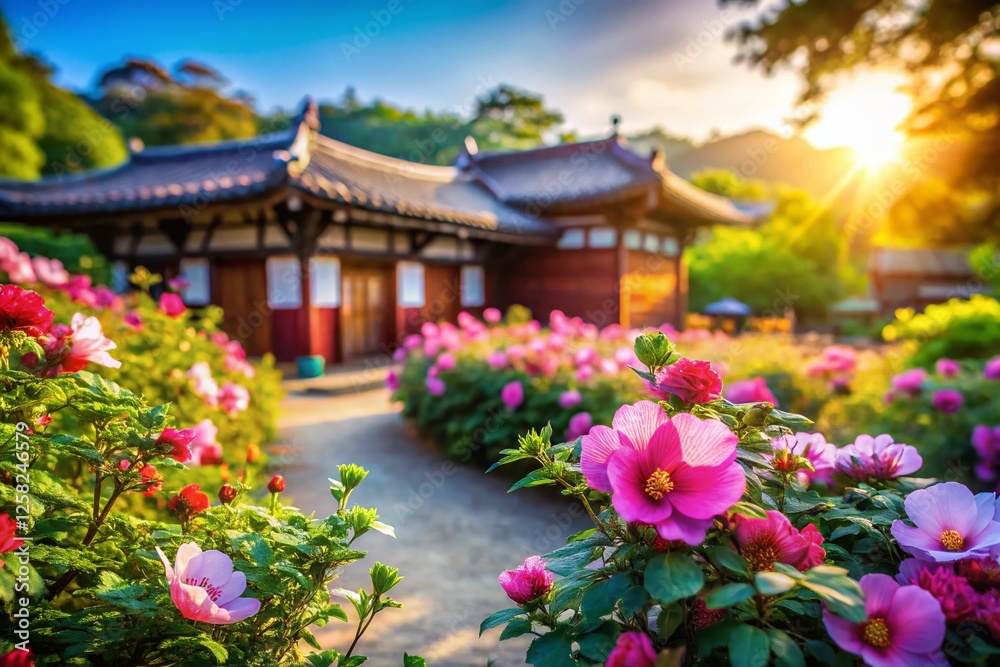 Miniature Korean Rose of Sharon & Mugunghwa Flowers in Bloom, Tilt-Shift Photography Miniature Korean Rose of Sharon & Mugunghwa Flowers in Bloom, Tilt-Shift Photography