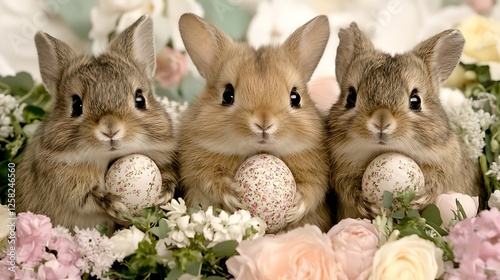 Three Adorable Bunnies with Easter Eggs Nestled Amongst Delicate Flowers in Springtime Setting photo