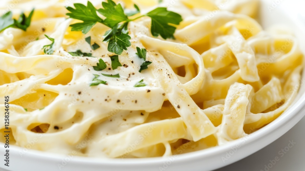 Creamy Alfredo fettuccine pasta topped with fresh herbs isolated Creamy Alfredo fettuccine pasta topped with fresh herbs isolated