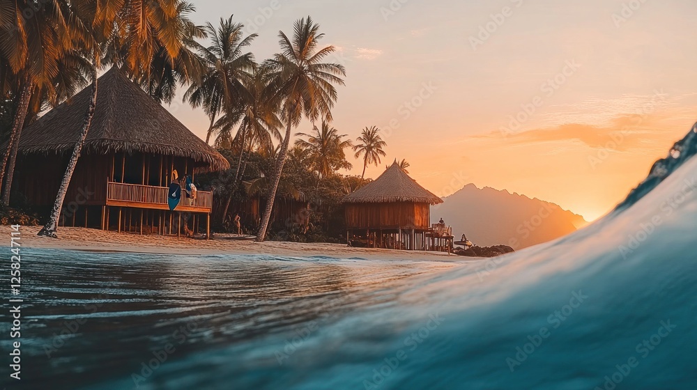Naklejka premium Tropical beach sunset, overwater bungalows, wave, vacation