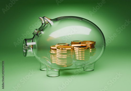 Salvadanaio trasparente con monete , illustrazione 3d