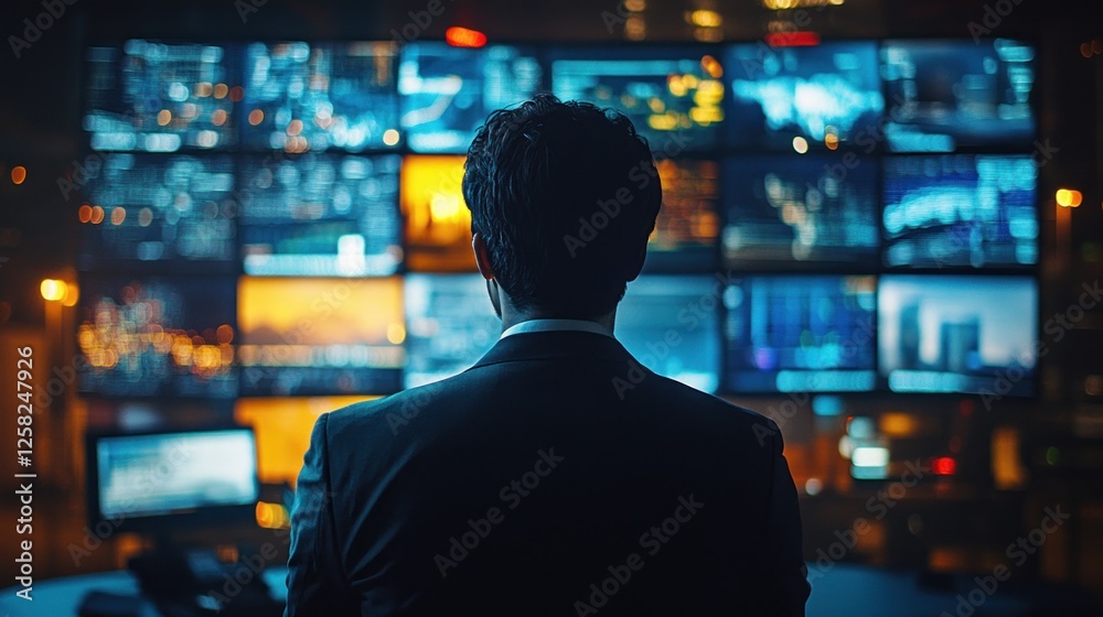 Executive monitoring global data streams in control room at night Executive monitoring global data streams in control room at night