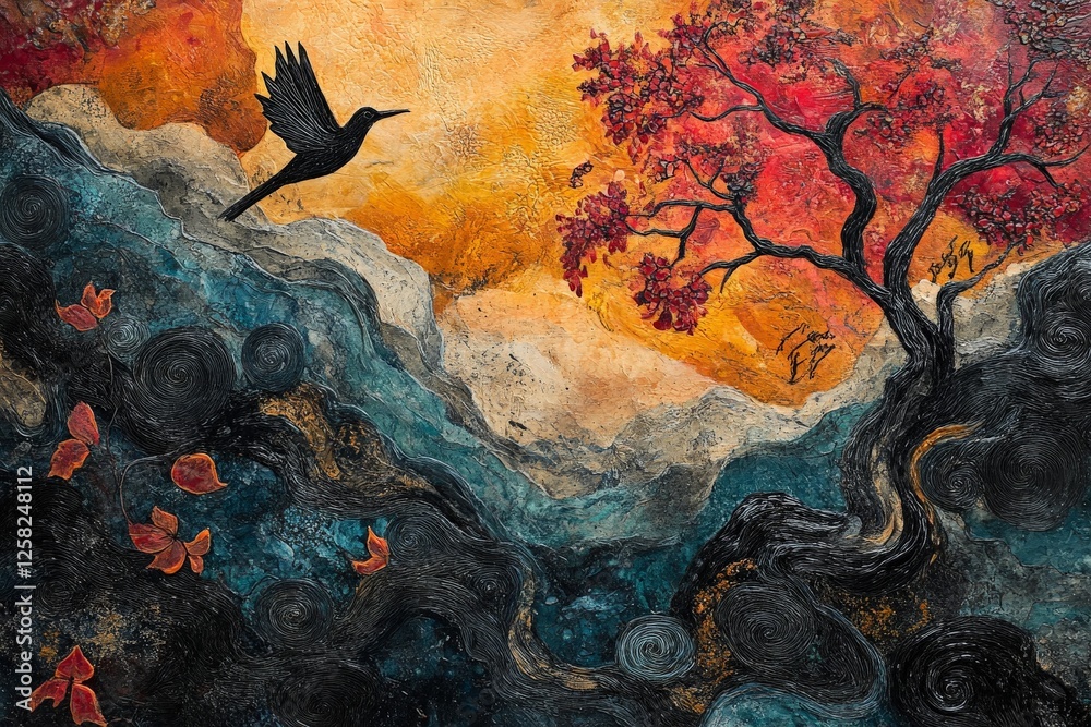 Naklejka premium Colorful autumn landscape with swirling patterns, a tree, and a flying bird at sunset