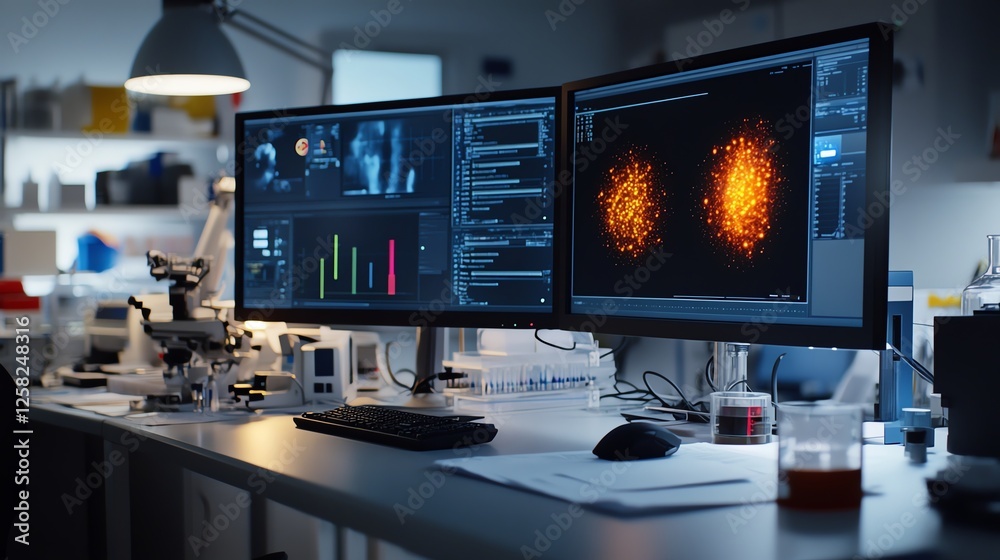 Naklejka premium a dimly lit research lab, glowing monitors and scattered notes, cinematic noir style, isolated on white background