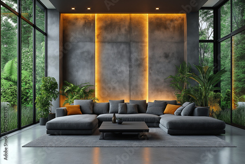 Photographie immobilière d'un salon moderne contemporain avec des murs en béton, du mobilier design et un éclairage d’ambiance doux