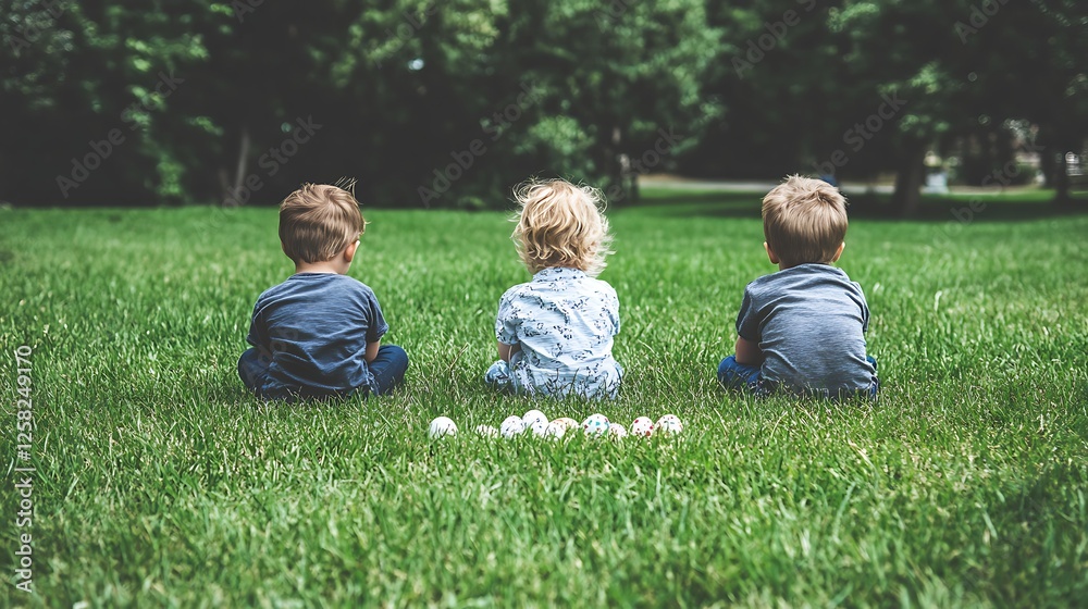 Fototapeta premium Three Children Seated in Green Grassy Meadow with Easter Eggs in a Row on Sunny Day Together