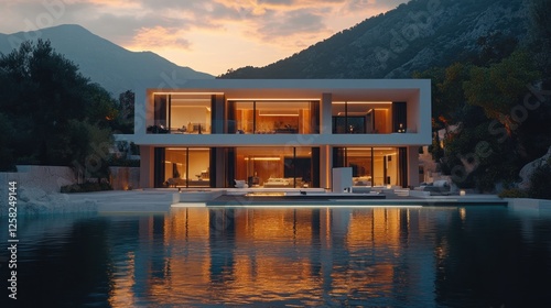 Sunset luxury villa, mountain view, infinity pool, architectural design, real estate