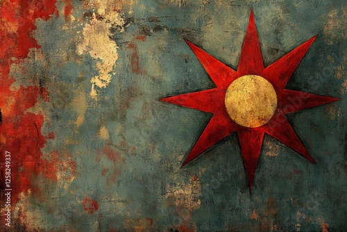 Star symbol with a golden circle on a textured background featuring red and blue hues photo