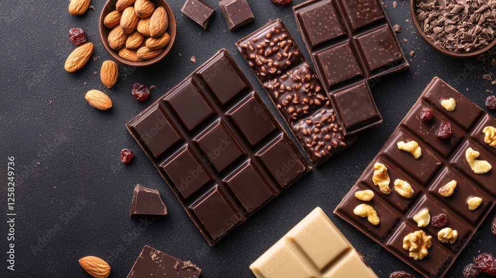 Assorted chocolate bars with nuts and dried fruits