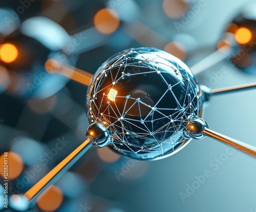 close up view of metallic molecular structure with interconnected nodes and glowing elements, symbolizing advanced technology and scientific innovation