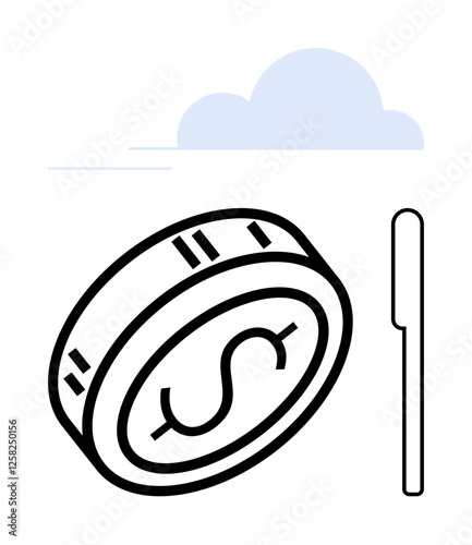 Coin with dollar sign next to a straight bar. Ideal for finance, economics, investment, savings, digital currency cloud computing business analysis. Line metaphor. Line metaphor. Simple line icons