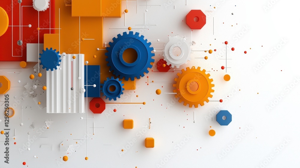 Obraz premium Abstract geometric composition with colorful gears and blocks on white background. design features blue, orange, and white elements, creating dynamic and modern industrial feel