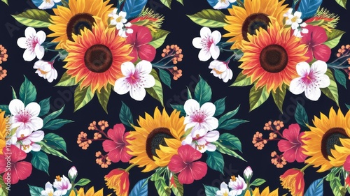 Wallpaper Mural Vibrant Floral Pattern with Sunflowers and Tropical Blossoms Torontodigital.ca