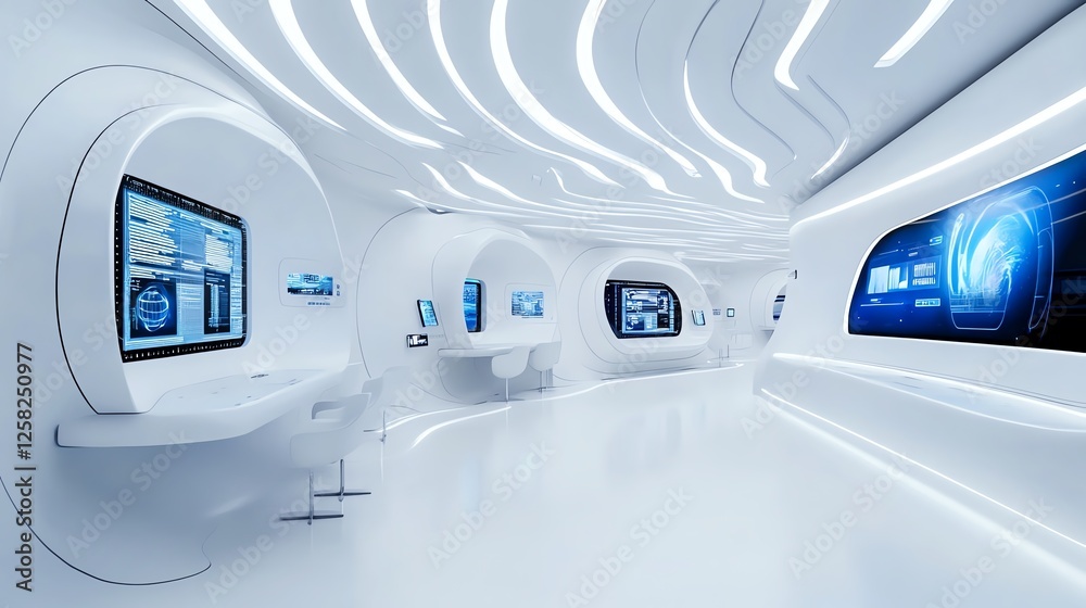 a hightech AI research lab, glowing holographic screens, sleek futuristic design, isolated on white background a hightech AI research lab, glowing holographic screens, sleek futuristic design, isolated on white background