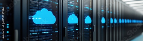 A modern data center showcasing rows of servers with cloud icons, symbolizing cloud computing and digital infrastructure.