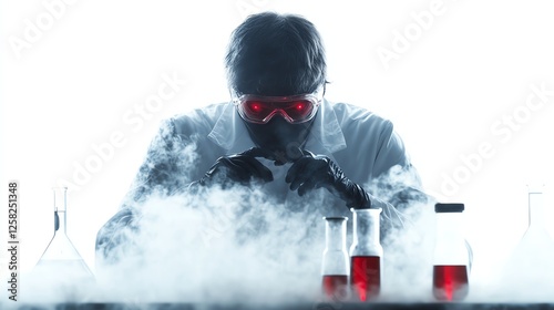 a sinister scientist in a hidden lab, surrounded by dark experiments, thriller ambiance, isolated on white background