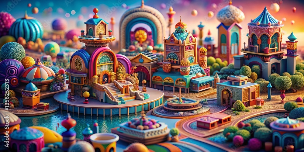 Fototapeta premium Miniature World: Bold Colored Drawing Art on Textured Patterned Background