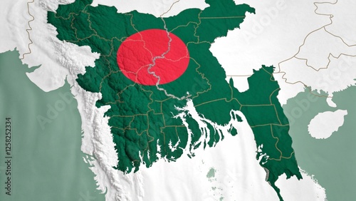 Bangladesh Flag Map Green, Red Circle, National Borders, Fabric Texture