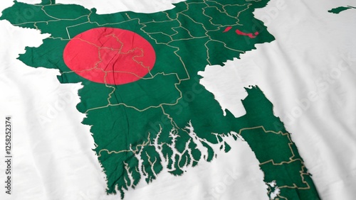 Bangladesh Flag Map Green, Red Circle, National Borders, Fabric Texture