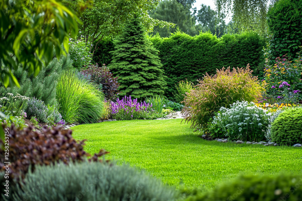 Obraz premium Luxury landscape design of house backyard in summer generative ai