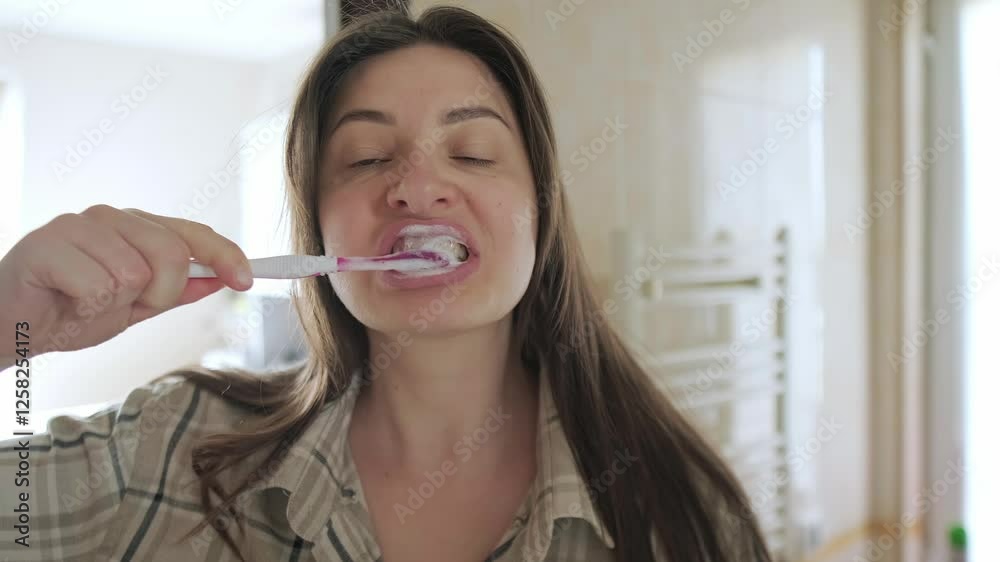 Young woman in casual homewear brushes her teeth while looking in the mirror, following her morning routine to prevent cavities. Young woman in casual homewear brushes her teeth while looking in the mirror, following her morning routine to prevent cavities.