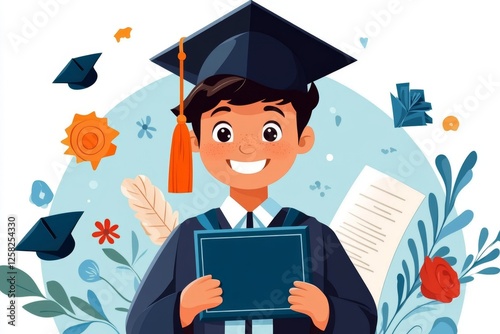 A simple vector illustration of a student holding a diploma after receiving final clearance from the registrar office