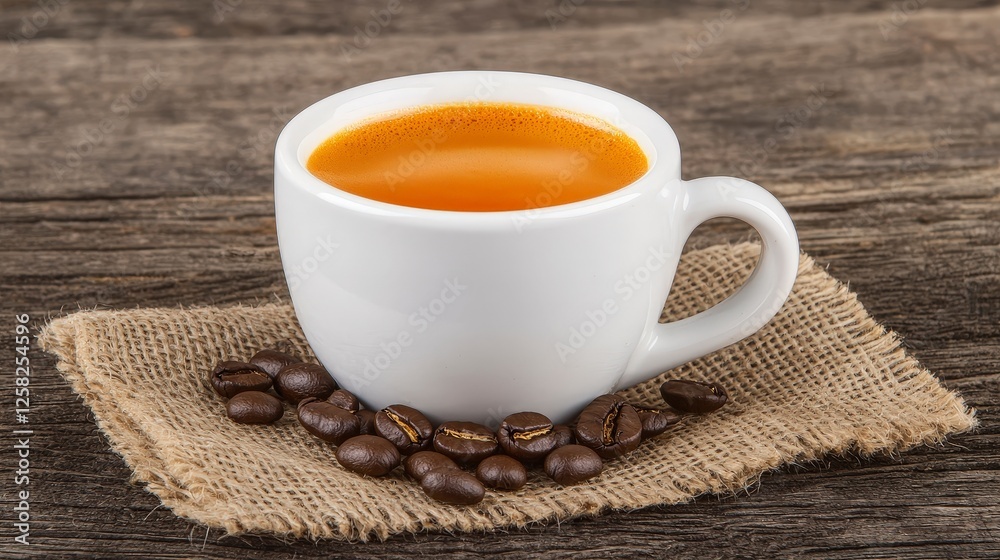Aromatic Coffee Cup with Beans on Rustic Wooden Surface Aromatic Coffee Cup with Beans on Rustic Wooden Surface