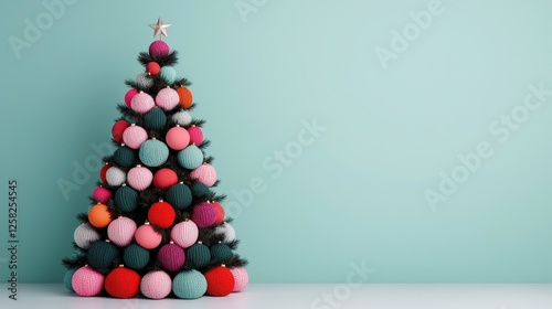 Christmas tree made of colorful knitted balls with star on top stands against light blue background, creating festive and cozy atmosphere