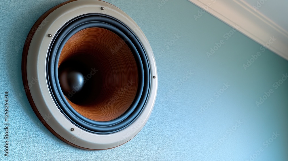 Wall-mounted speaker, audio, home theater, interior, blue wall, sunlight, sound system, music, close-up, design Wall-mounted speaker, audio, home theater, interior, blue wall, sunlight, sound system, music, close-up, design