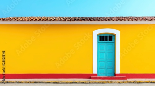 vibrant yellow wall with blue door in Trinidad, Cuba, showcases colonial architecture and colorful design. simple yet striking facade highlights charm of this historic city