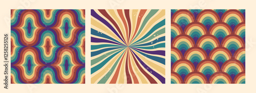 Abstract retro background set. Vintage colorful rainbow, swirl rays. Dirty grunge texture. Modern vector illustration for social media, home decor, fabric, wrapping paper, packaging