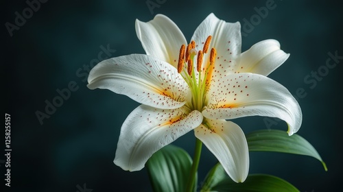 Elegant white lily in full bloom against a dark textured background, showcasing its delicate petals and vibrant stamens