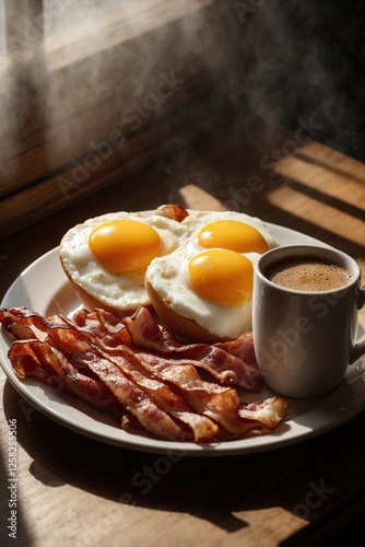 Appetizing Plate of Fried Eggs and Crispy Bacon Beautifully Arranged Next to a Cup of Coffee