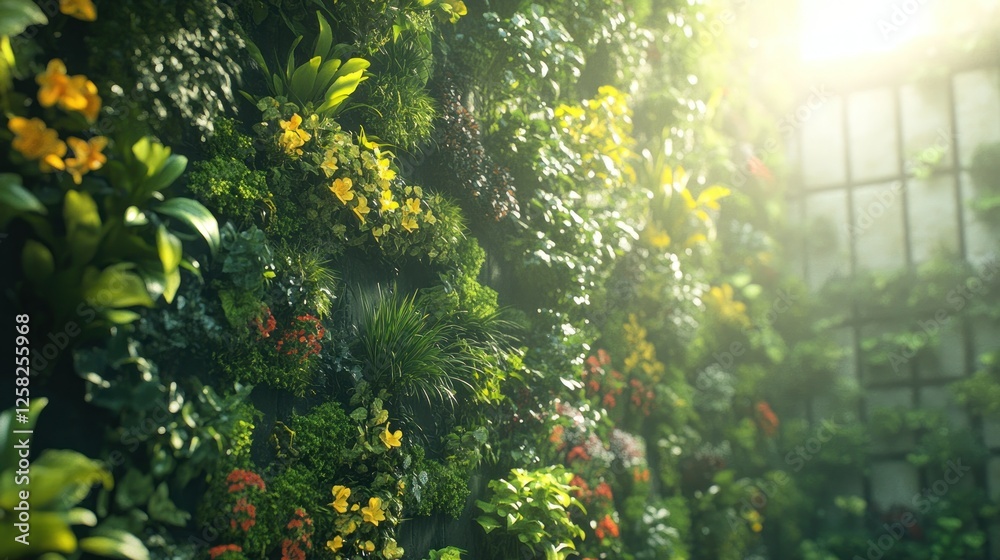 Obraz premium Sunlit Vertical Garden, Indoor Plants, Lush Greenery, Room Decor, Nature Wall
