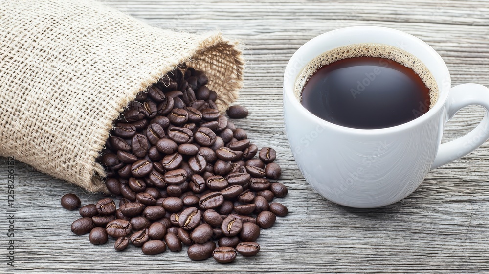Freshly Brewed Coffee with Coffee Beans on Rustic Wooden Surface Freshly Brewed Coffee with Coffee Beans on Rustic Wooden Surface
