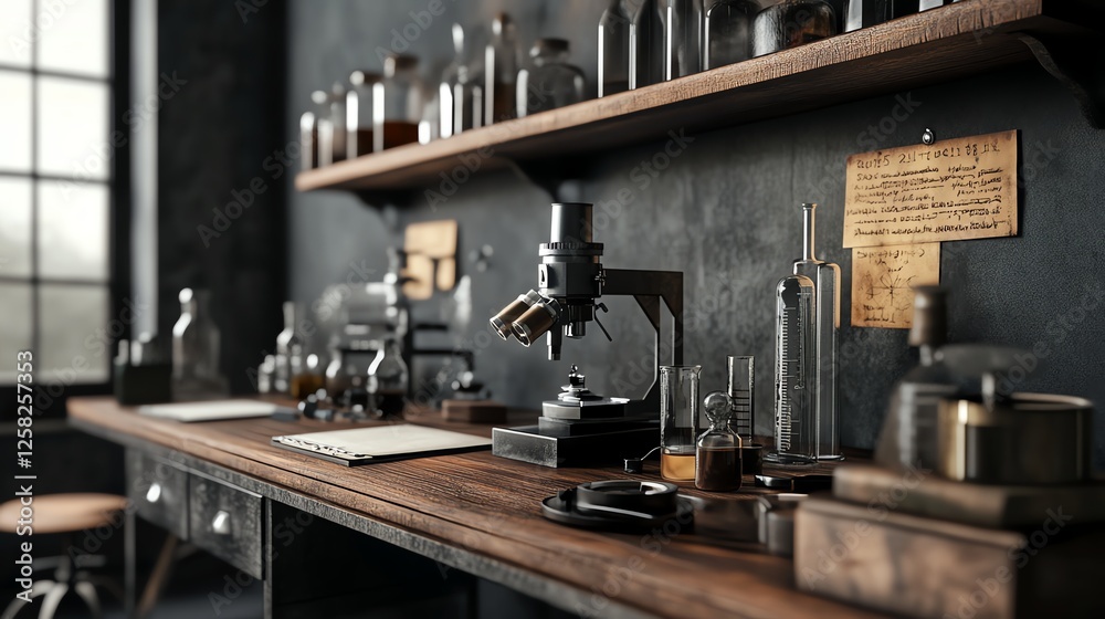 Classic scientific workstation, wooden shelves and aged equipment, 3D illustration Classic scientific workstation, wooden shelves and aged equipment, 3D illustration