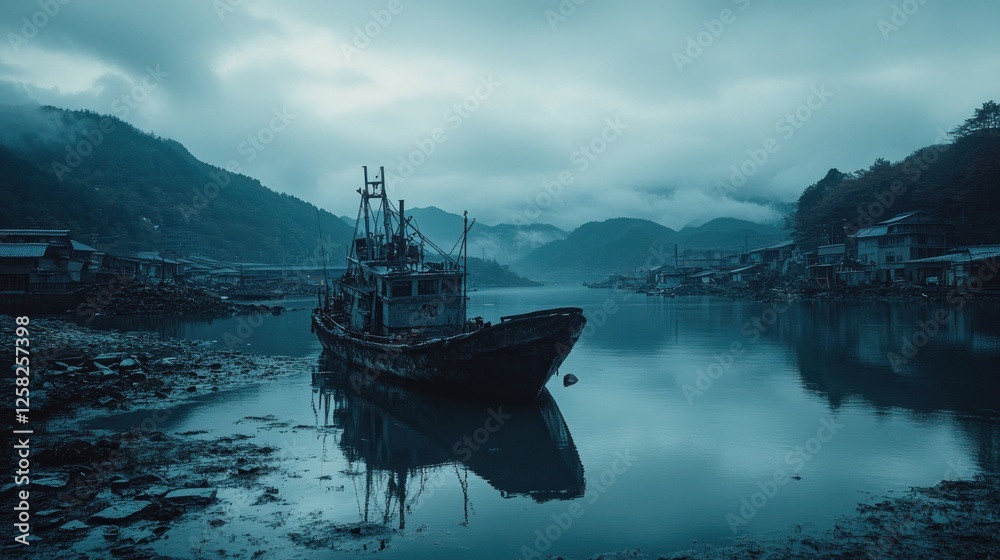 Obraz premium Abandoned fishing boat, tranquil bay, misty mountains, coastal village, serene mood