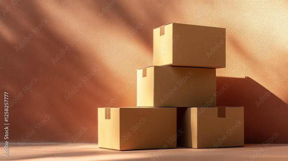 Fototapeta premium Stacked Plain Brown Cardboard Boxes Slightly Offset on a Warm Background, Ideal for Shipping, Storage, and Packing Imagery in Commercial Use