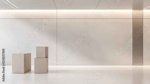 Three Plain Carton Boxes Carefully Stacked in a Minimalist Clean Interior with Soft Lighting and Smooth Wall Background