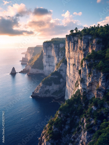 Majestic coastal cliffs overlooking the calm ocean at sunrise. Breathtaking natural landscape with rugged rock formations and lush greenery. Perfect for travel and adventure themes.