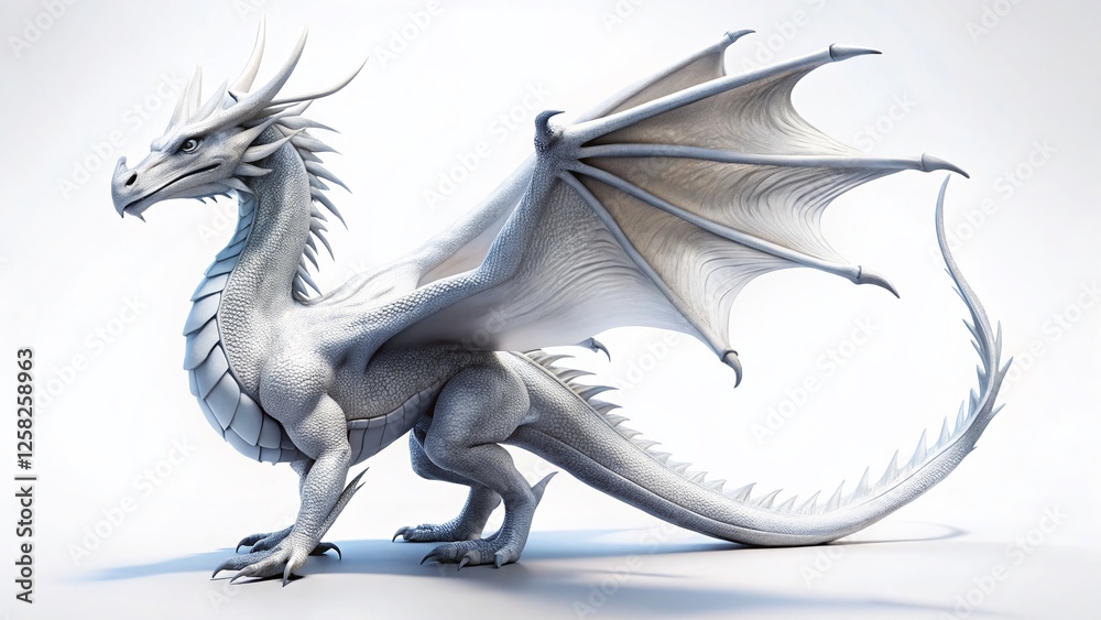 Obraz premium Minimalist Fantasy Dragon, Isolated, White Background, Mythical Creature, Digital Art