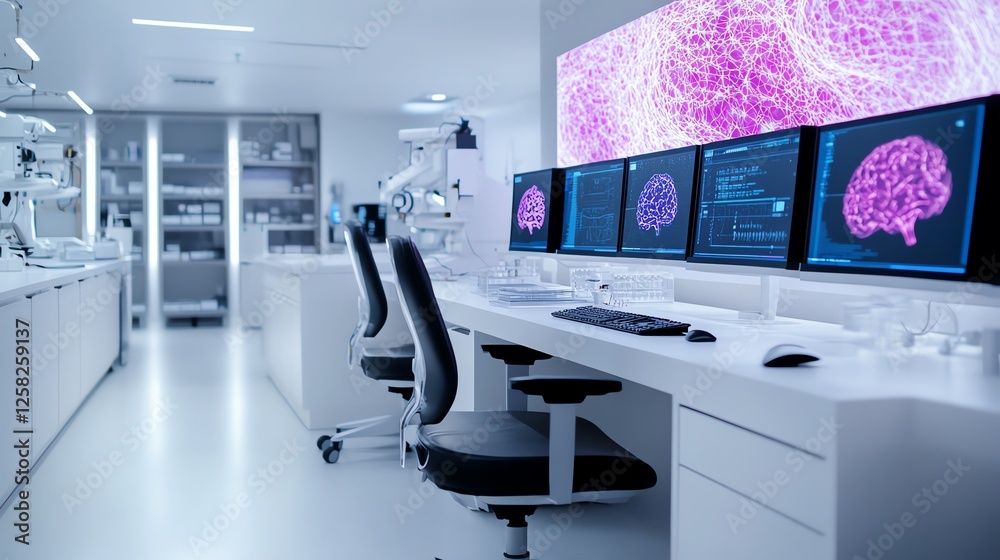 Futuristic neural research lab with bioAI fusion, brainwavecontrolled devices, and holographic data displays Futuristic neural research lab with bioAI fusion, brainwavecontrolled devices, and holographic data displays