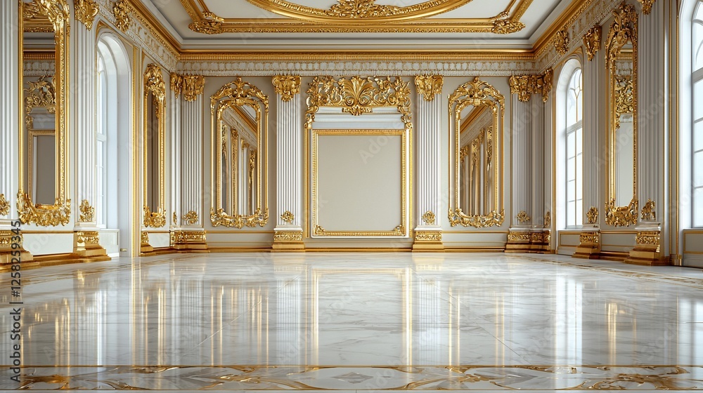 Obraz premium Elegant interior of a grand hall with ornate gold decorations and marble flooring