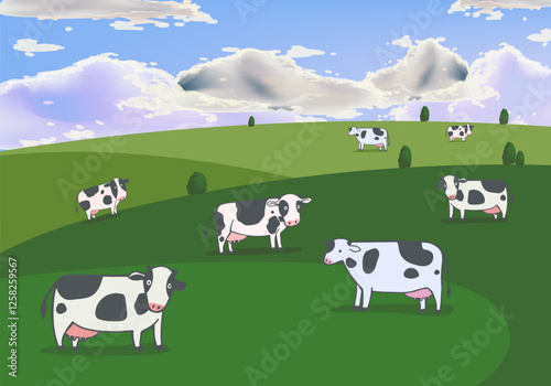 Beautiful farm landscape with cows, calfs, cattles vector illustration. Vintage villagge animal rural farming background.