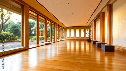 Spacious, sunlit interior of a modern room with wooden flooring and large windows overlooking a garden