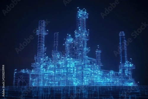 Stunning futuristic oil refinery in a blue digital wireframe, showcasing advanced technology and industry innovation in a high tech environment