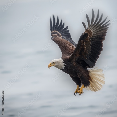 Majestic bald eagle in flight over water capturing the essence of freedom and nature's beauty perfect for wildlife and natural themed designs photo