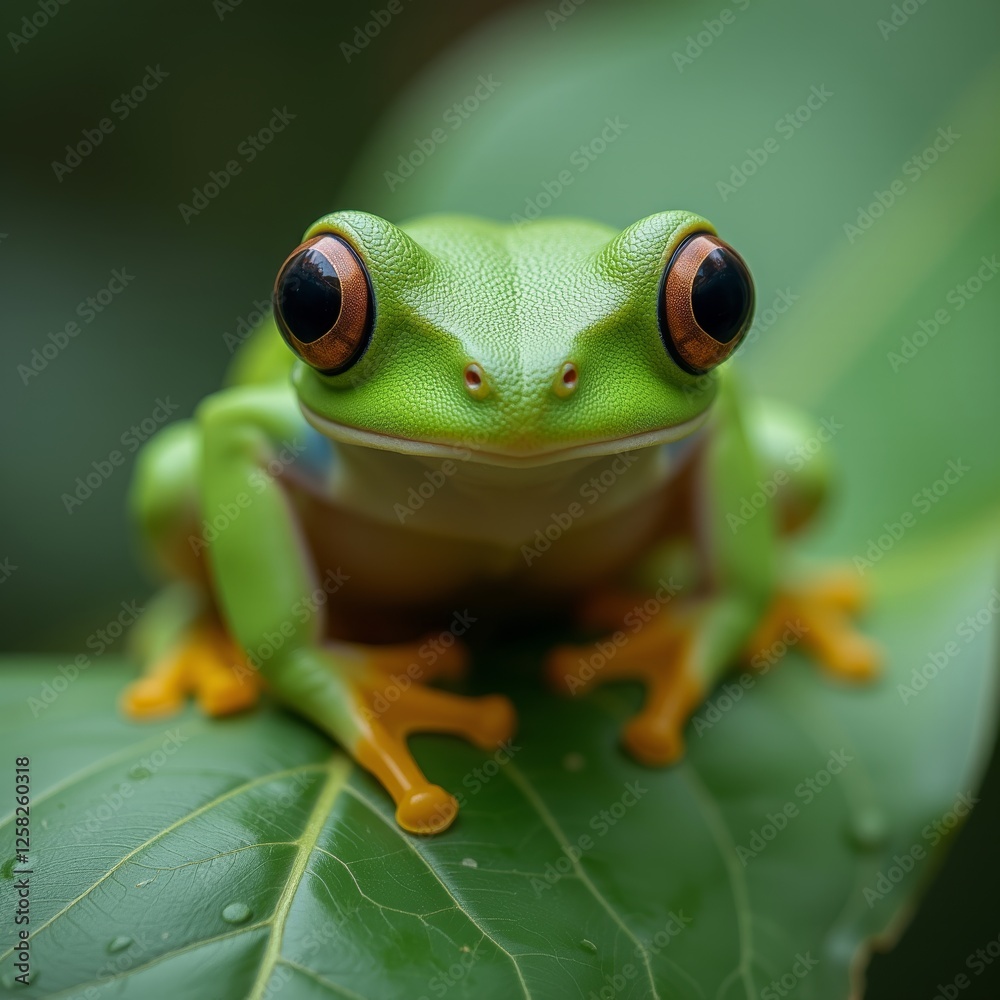 Fototapeta premium Vibrant green tree frog perched on a leaf with a soft background perfect for nature and wildlife themed designs