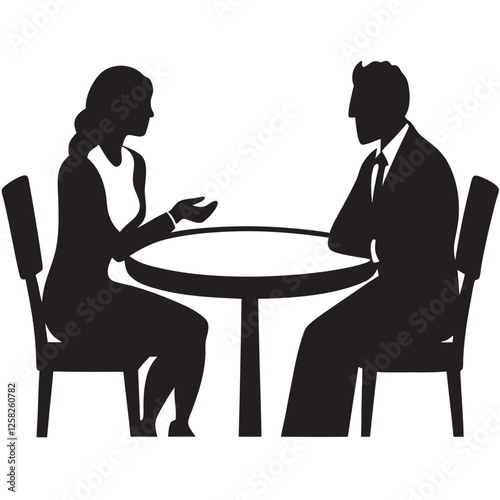vector silhouette of a man and a woman at a table negotiating 