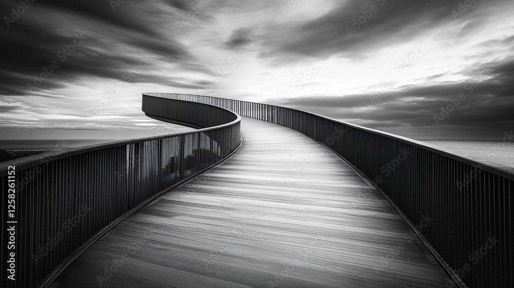 Fototapeta premium Curved wooden walkway with dramatic sky views at coastal location